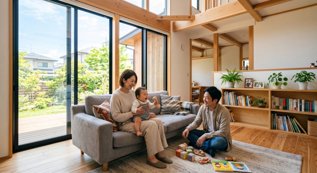 赤ちゃんのいる明るいリビング｜珪藻土壁の福岡施工事例