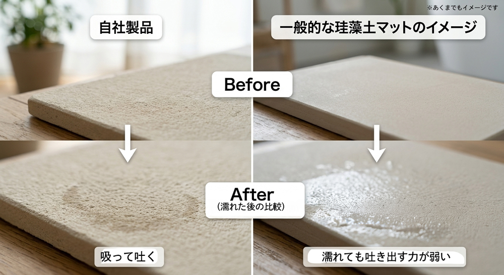 珪藻土の吸水比較イメージ｜自社製品と一般的な珪藻土マットの違い（福岡・熊本）