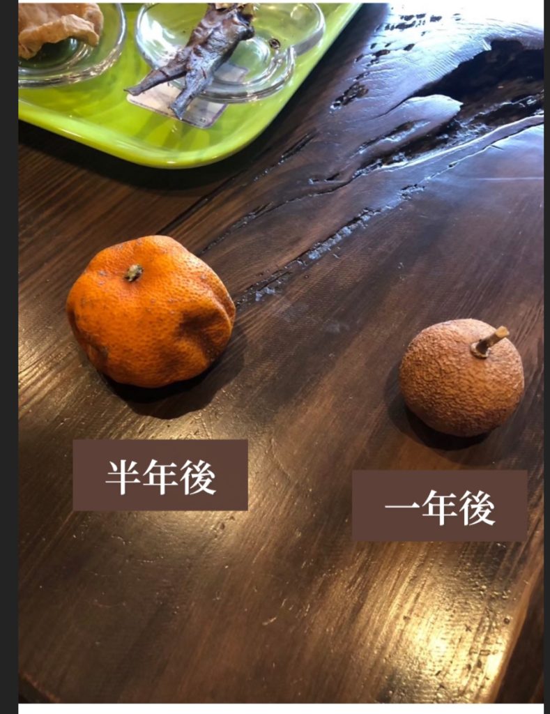 珪藻土側のみかん、半年後・1年後もカビや腐敗が見られない状態 キャプション: 珪藻土側のみかんは、半年後・1年後も傷まず、余分な水分だけが抜けた状態でした。